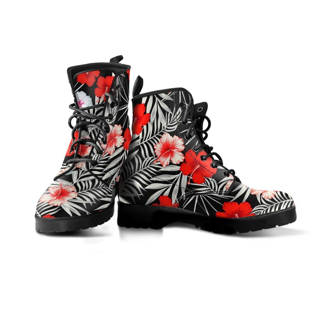 Red And White Hibiscus Flowers Hawaiian Print Men's Boots-grizzshop