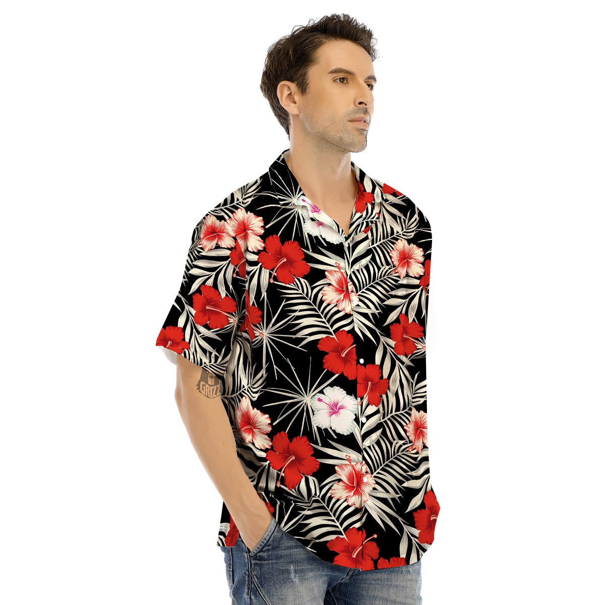 Red And White Hibiscus Flowers Hawaiian Print Men’s Hawaiian Shirt-grizzshop
