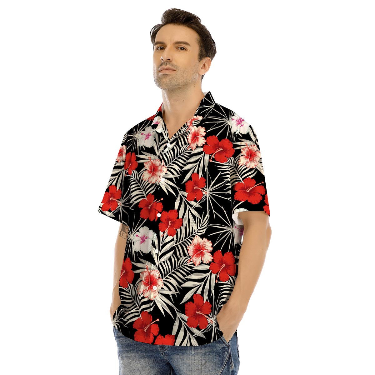 Red And White Hibiscus Flowers Hawaiian Print Men’s Hawaiian Shirt-grizzshop