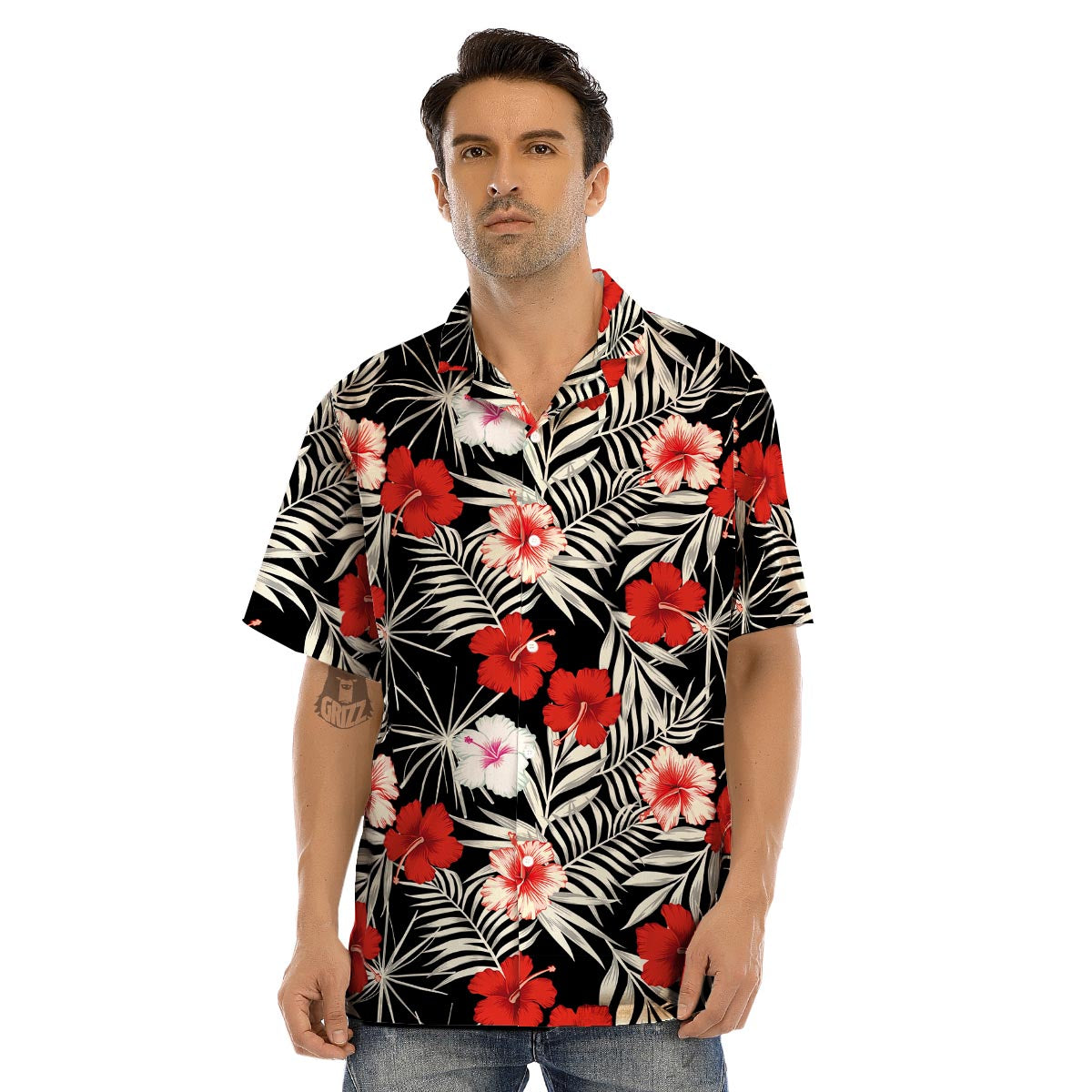 Red And White Hibiscus Flowers Hawaiian Print Men’s Hawaiian Shirt-grizzshop