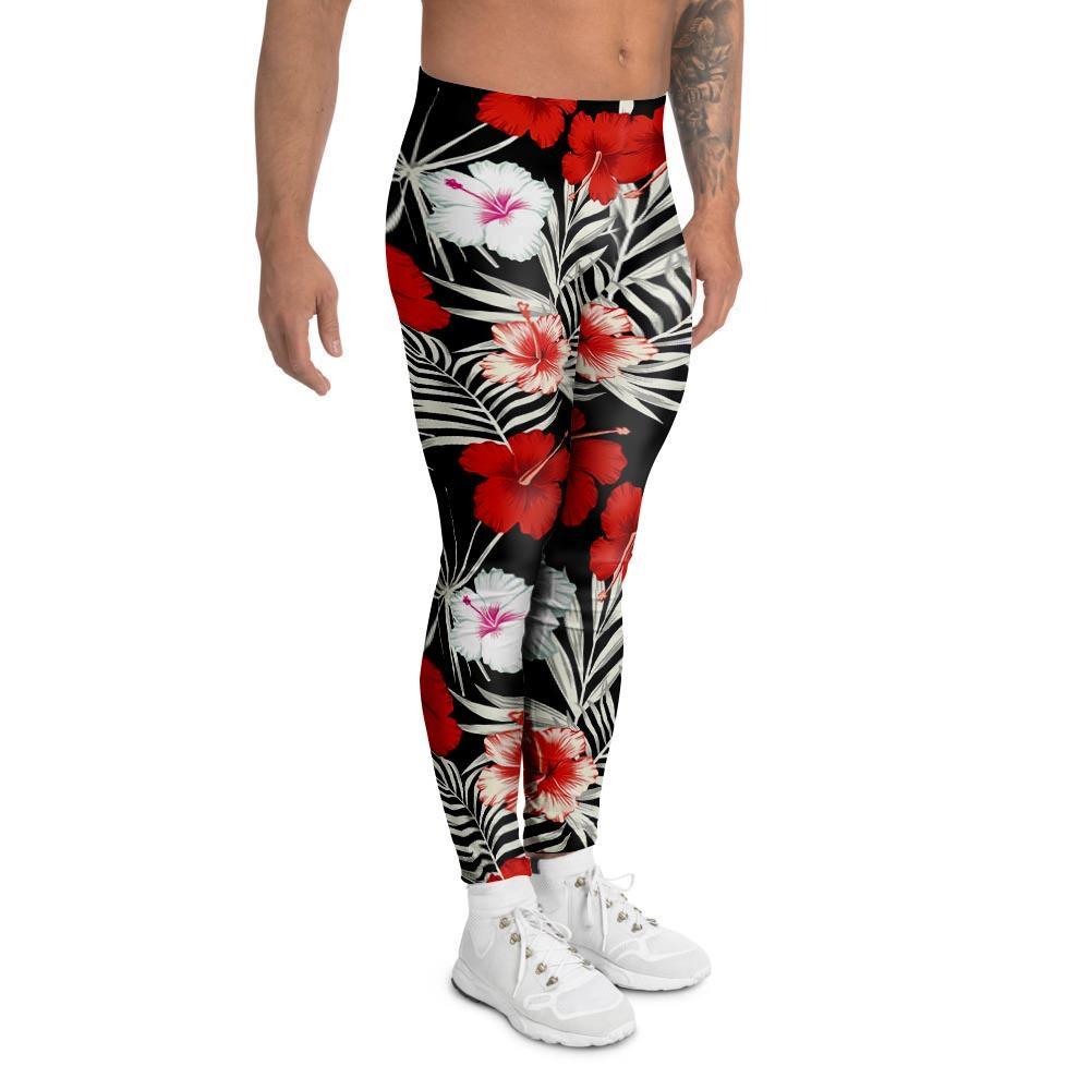 Red And White Hibiscus Flowers Hawaiian Print Men's Leggings-grizzshop