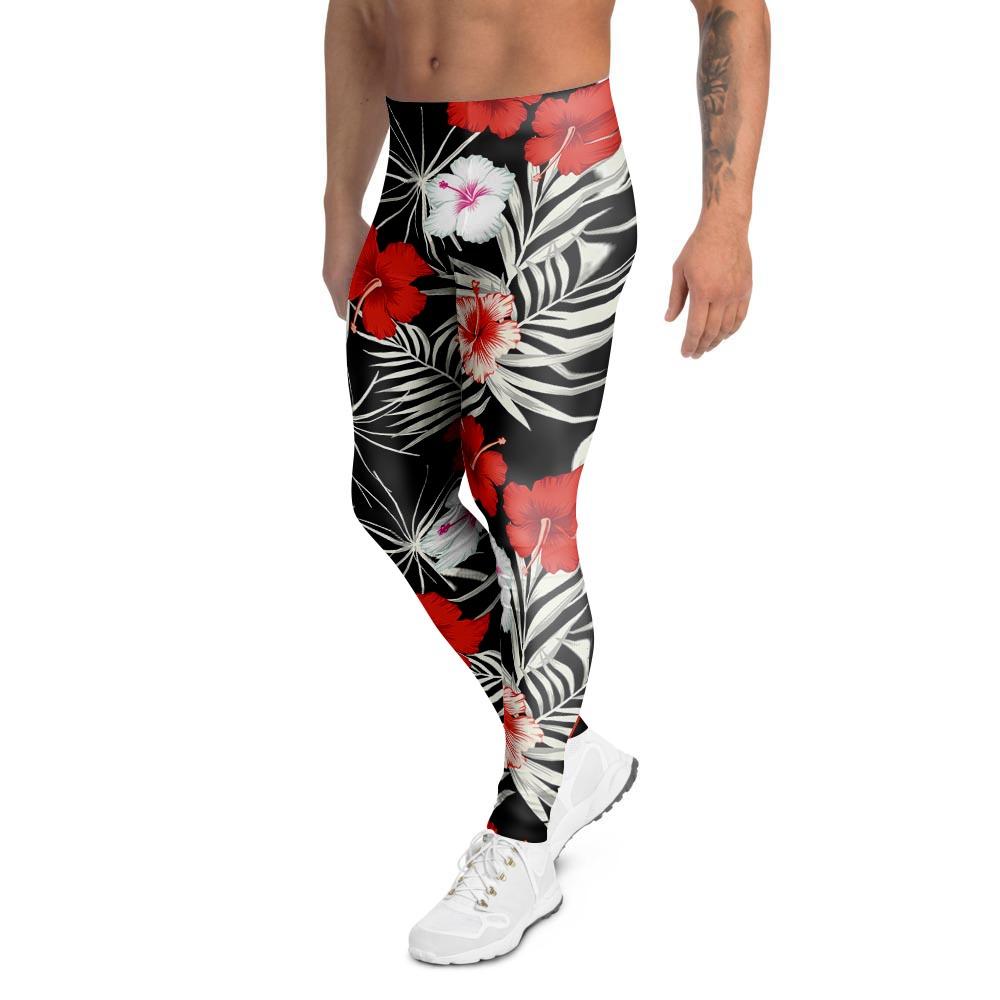 Red And White Hibiscus Flowers Hawaiian Print Men's Leggings-grizzshop