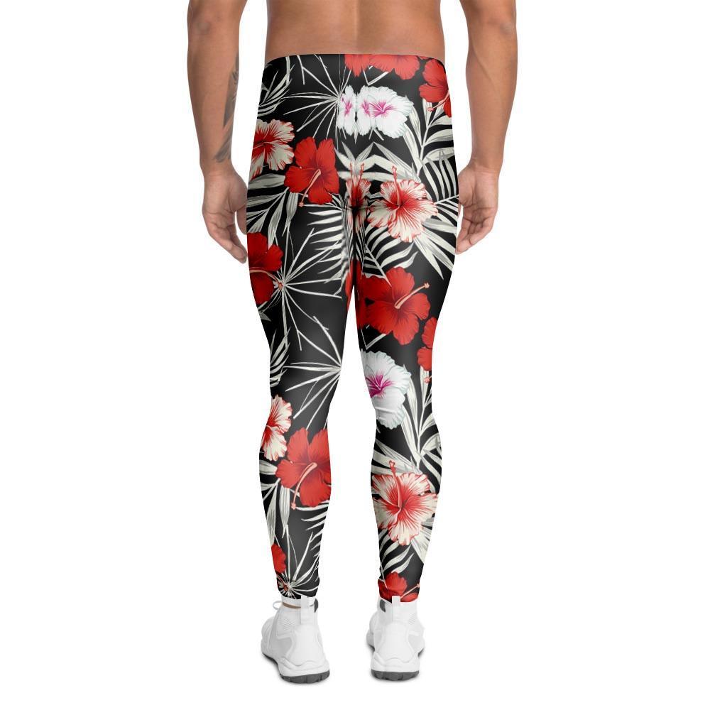 Red And White Hibiscus Flowers Hawaiian Print Men's Leggings-grizzshop