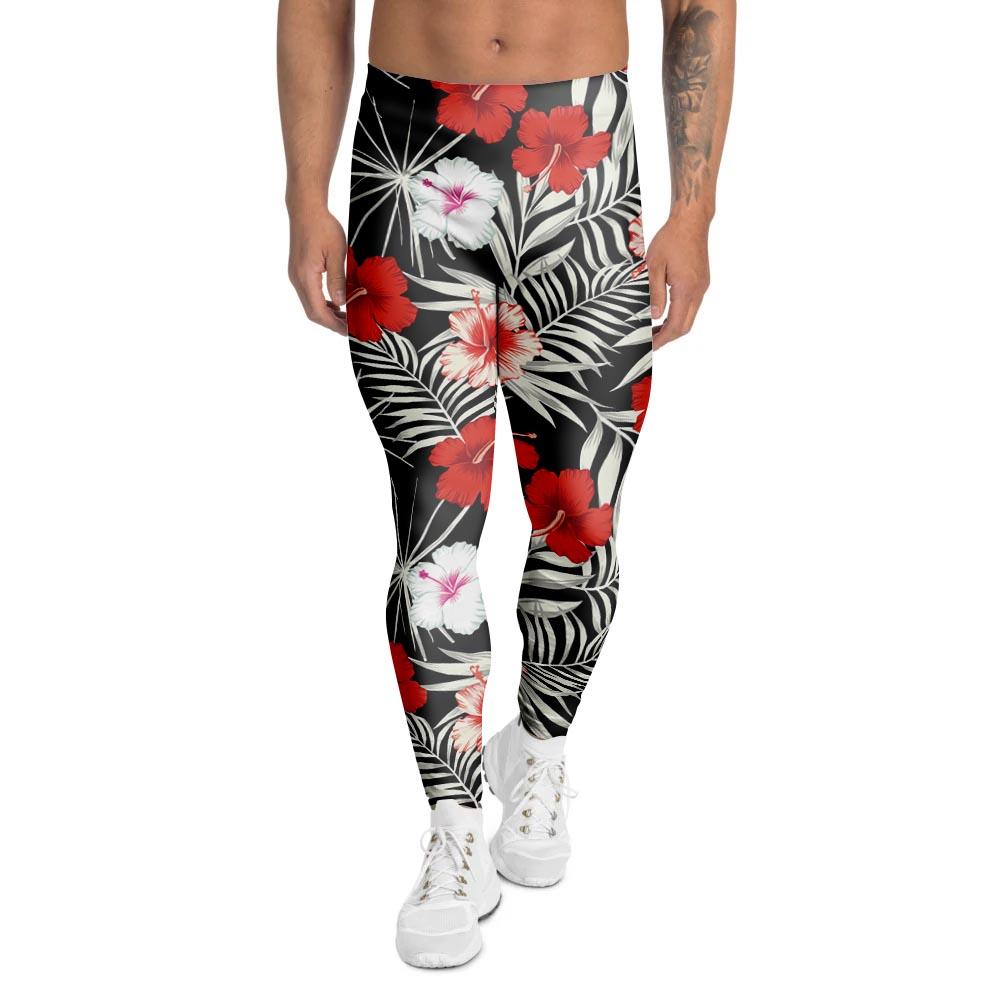 Red And White Hibiscus Flowers Hawaiian Print Men's Leggings-grizzshop