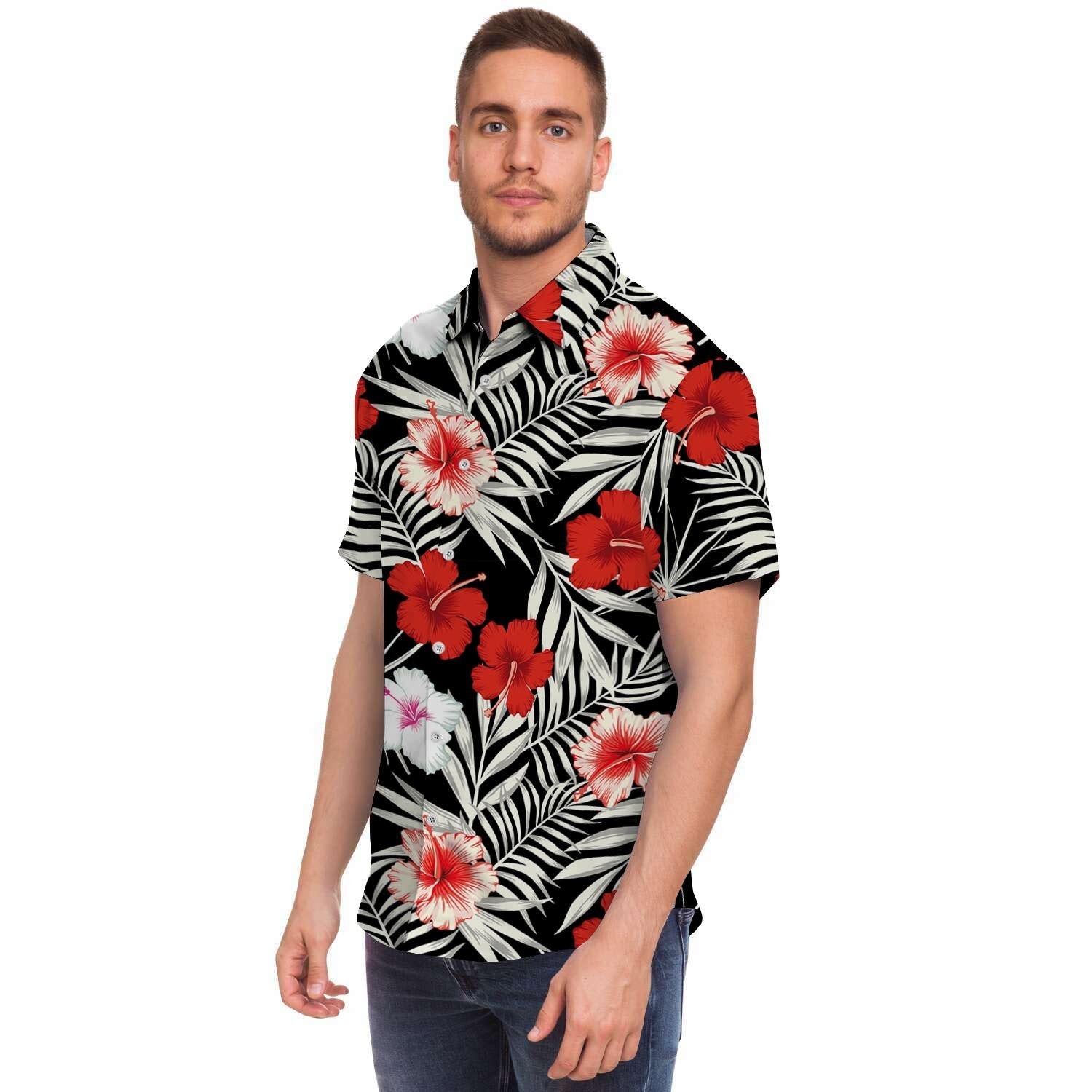Red And White Hibiscus Flowers Hawaiian Print Men's Short Sleeve Shirt-grizzshop