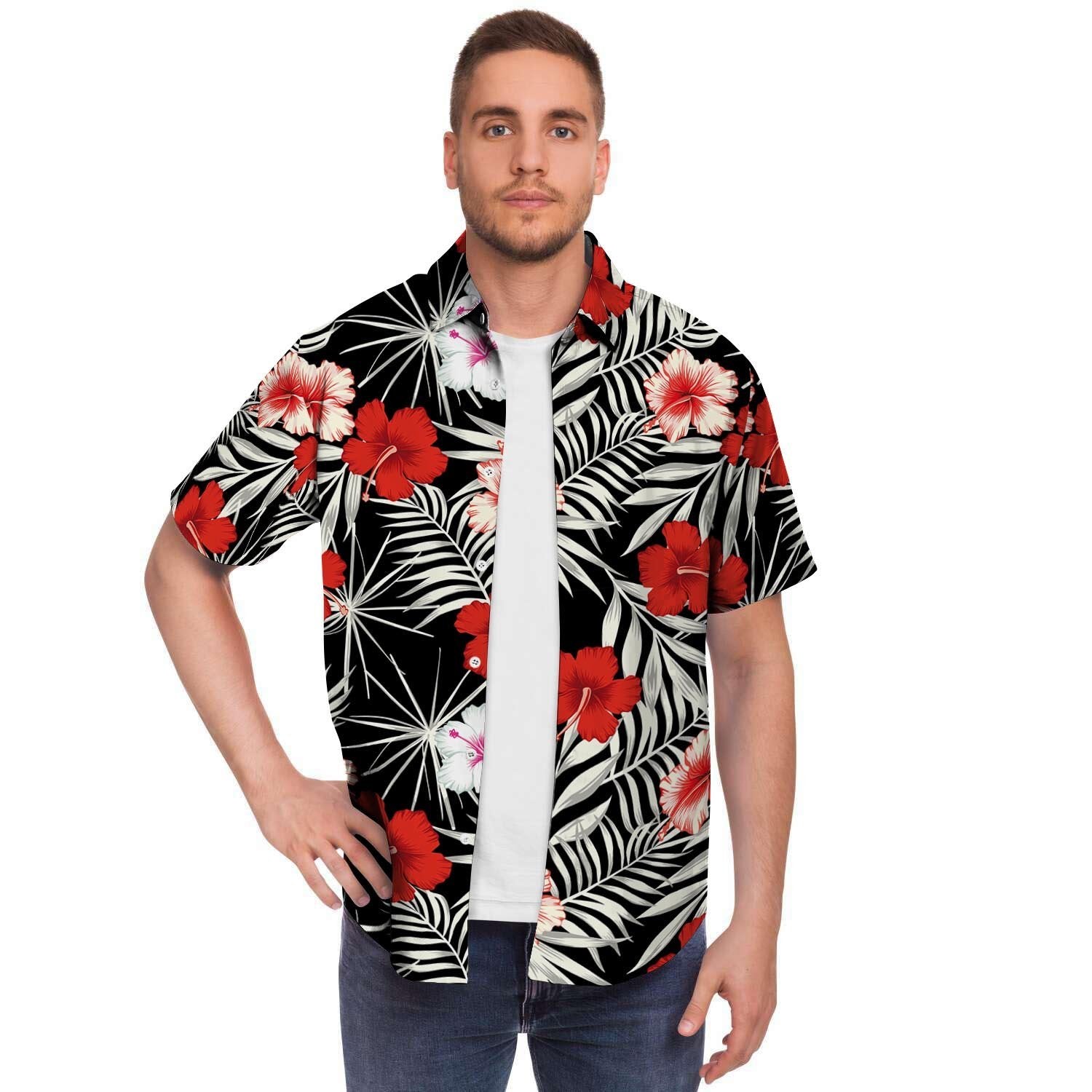 Red And White Hibiscus Flowers Hawaiian Print Men's Short Sleeve Shirt-grizzshop