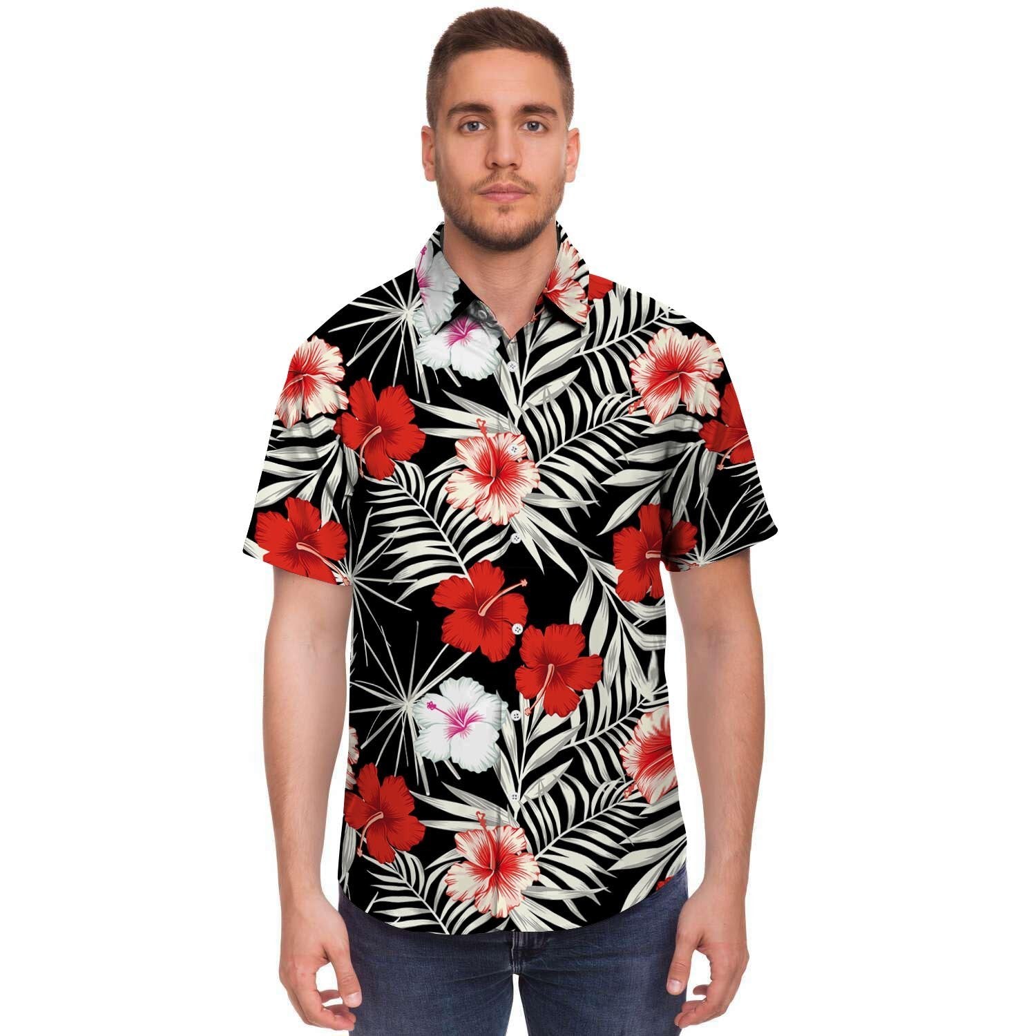 Red And White Hibiscus Flowers Hawaiian Print Men's Short Sleeve Shirt-grizzshop