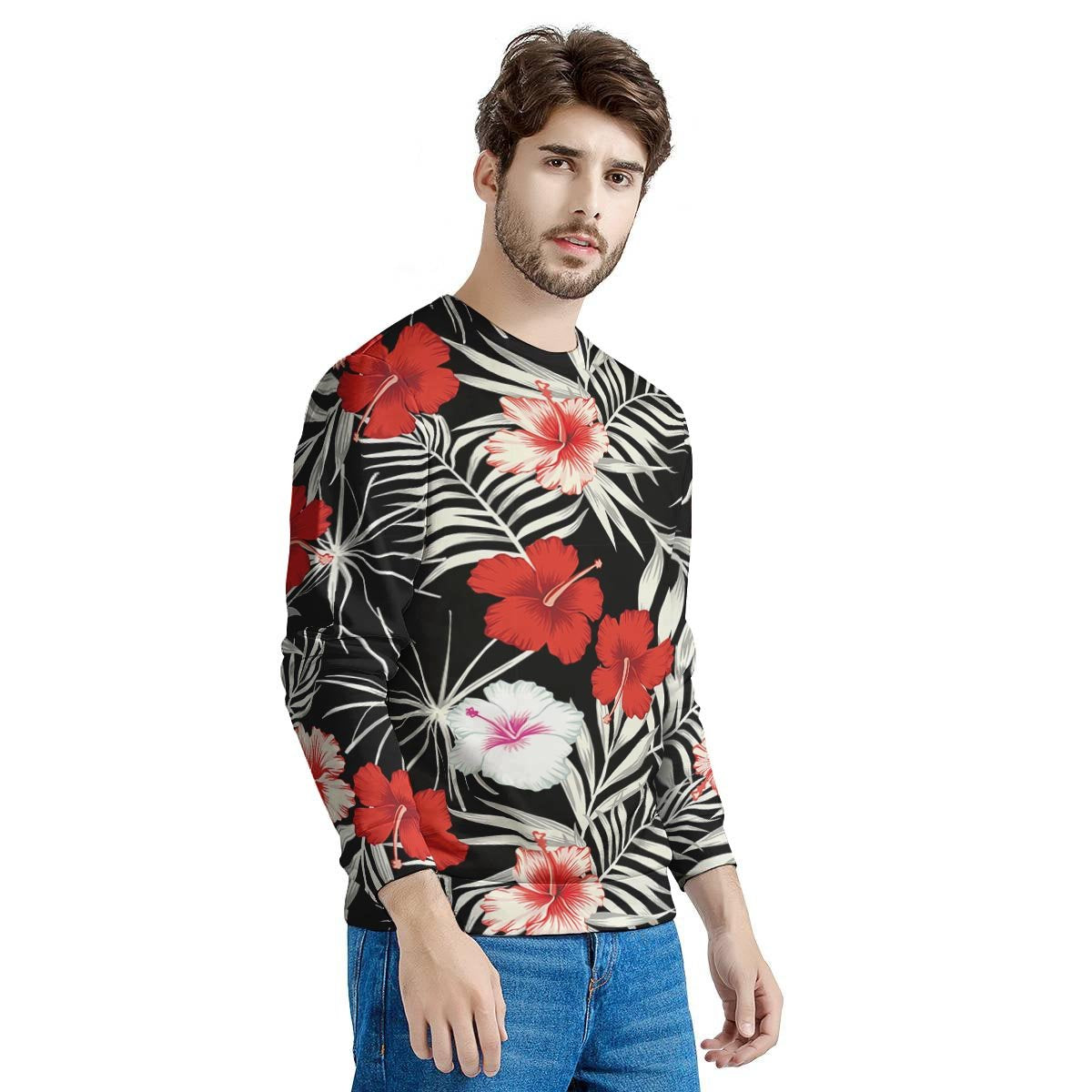 Red And White Hibiscus Flowers Hawaiian Print Men's Sweatshirt-grizzshop