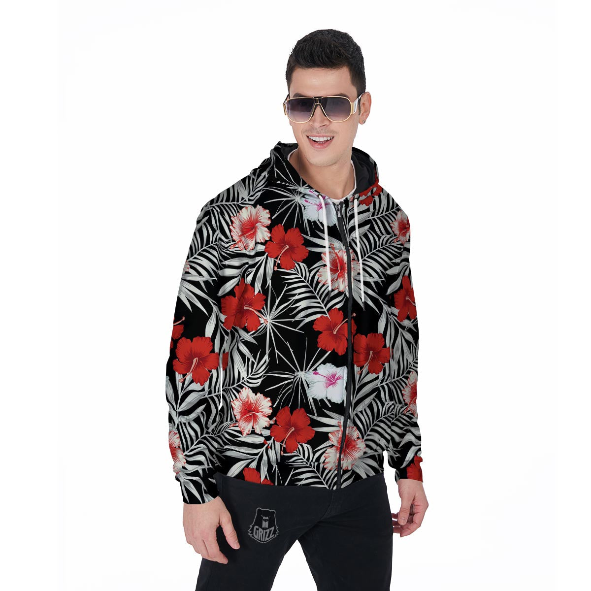 Red And White Hibiscus Flowers Hawaiian Print Men's Zip Up Hoodie-grizzshop