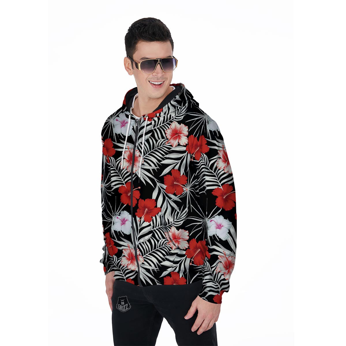 Red And White Hibiscus Flowers Hawaiian Print Men's Zip Up Hoodie-grizzshop