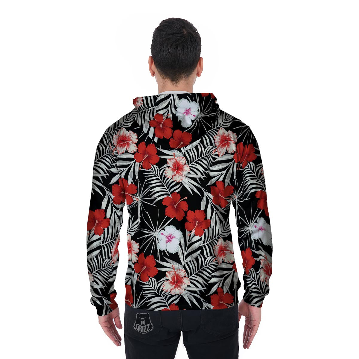 Red And White Hibiscus Flowers Hawaiian Print Men's Zip Up Hoodie-grizzshop