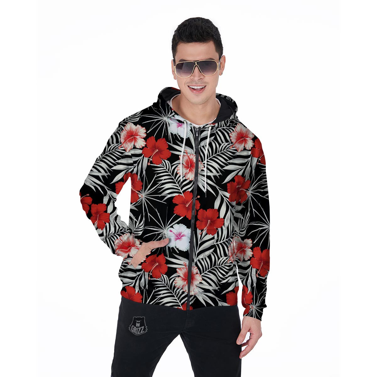 Red And White Hibiscus Flowers Hawaiian Print Men's Zip Up Hoodie-grizzshop