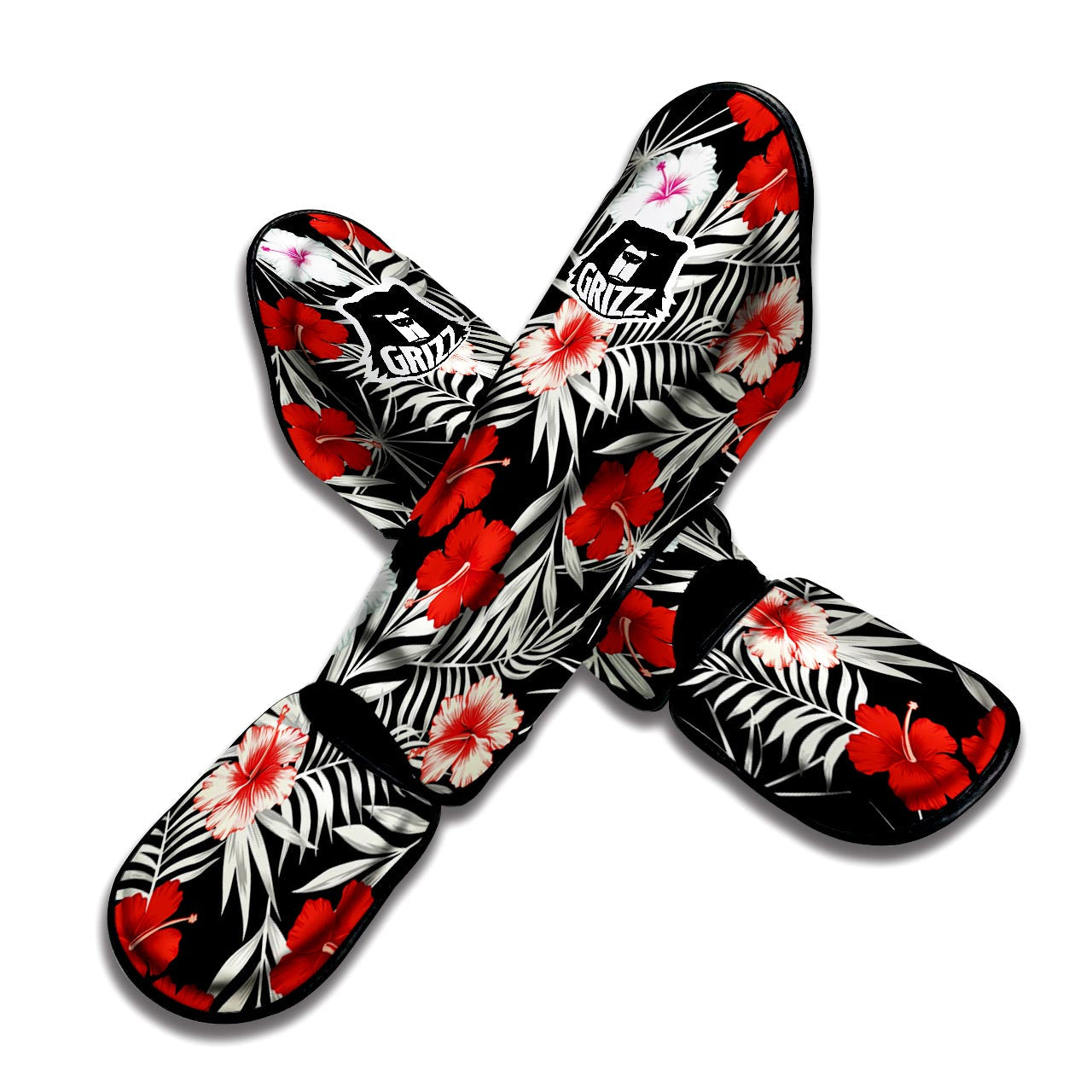 Red And White Hibiscus Flowers Hawaiian Print Muay Thai Shin Guard-grizzshop