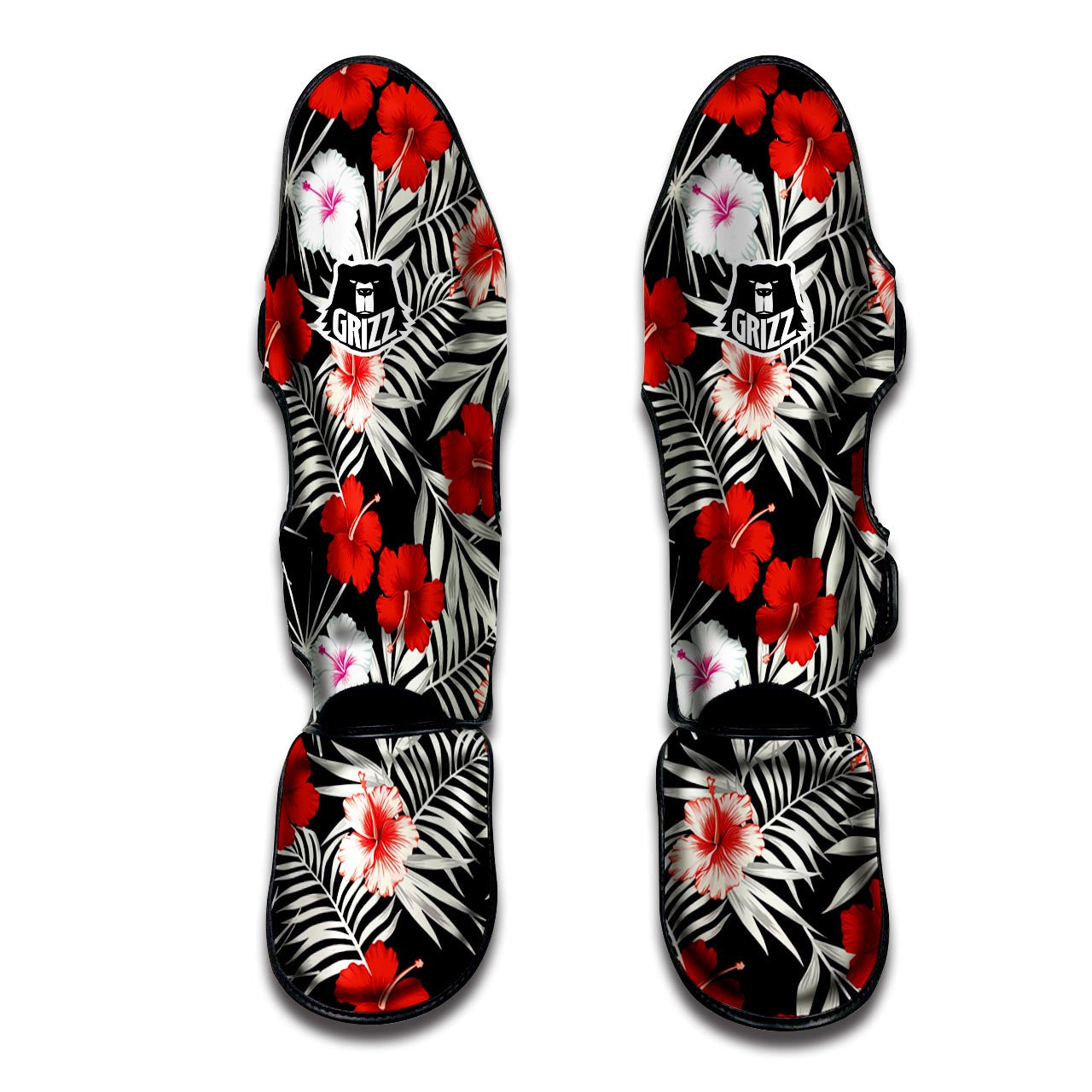 Red And White Hibiscus Flowers Hawaiian Print Muay Thai Shin Guard-grizzshop