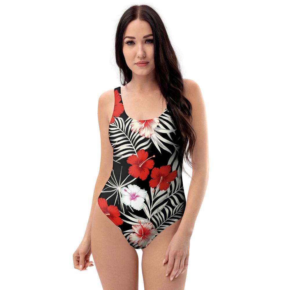 Red And White Hibiscus Flowers Hawaiian Print One Piece Swimsuite-grizzshop