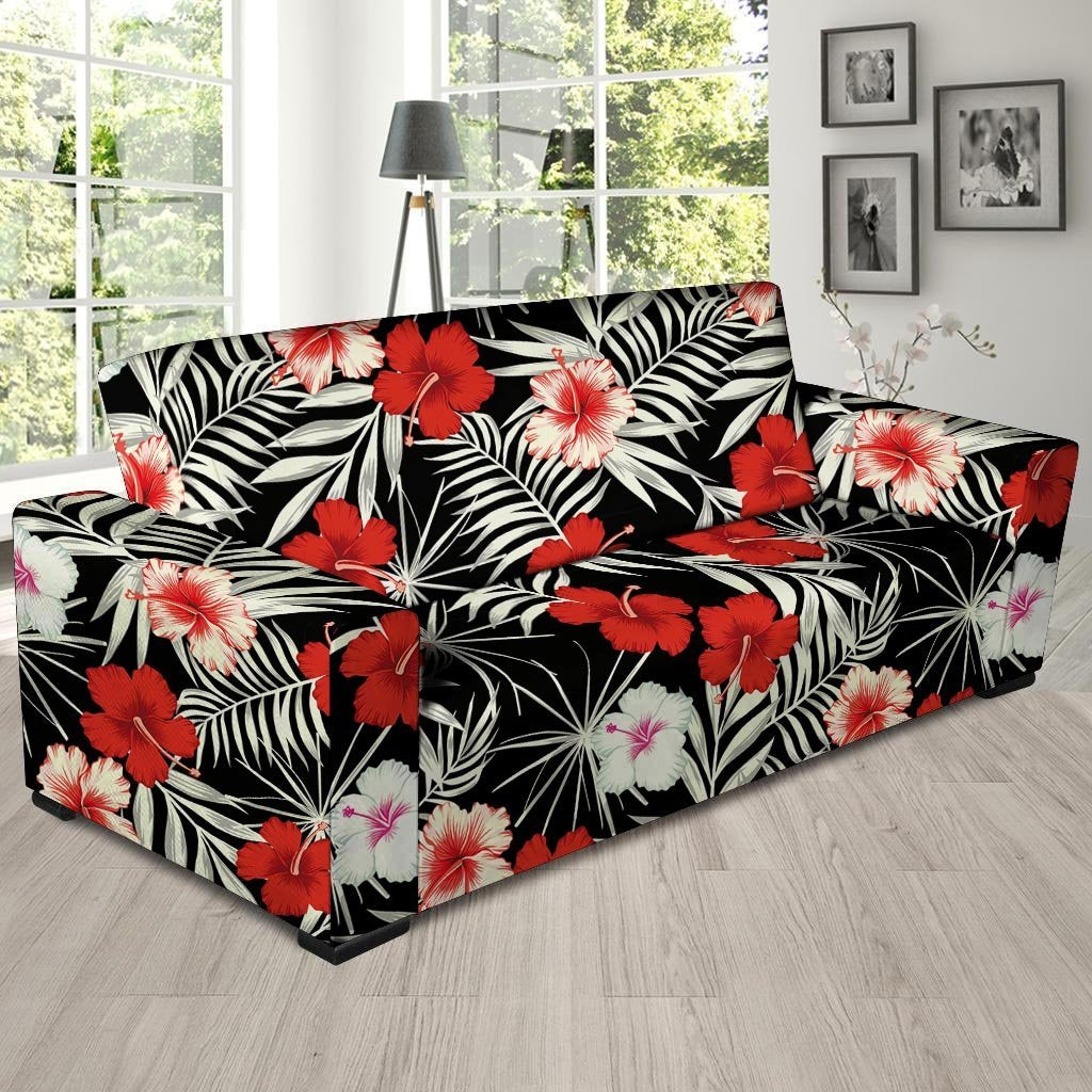 Red And White Hibiscus Flowers Hawaiian Print Sofa Cover-grizzshop