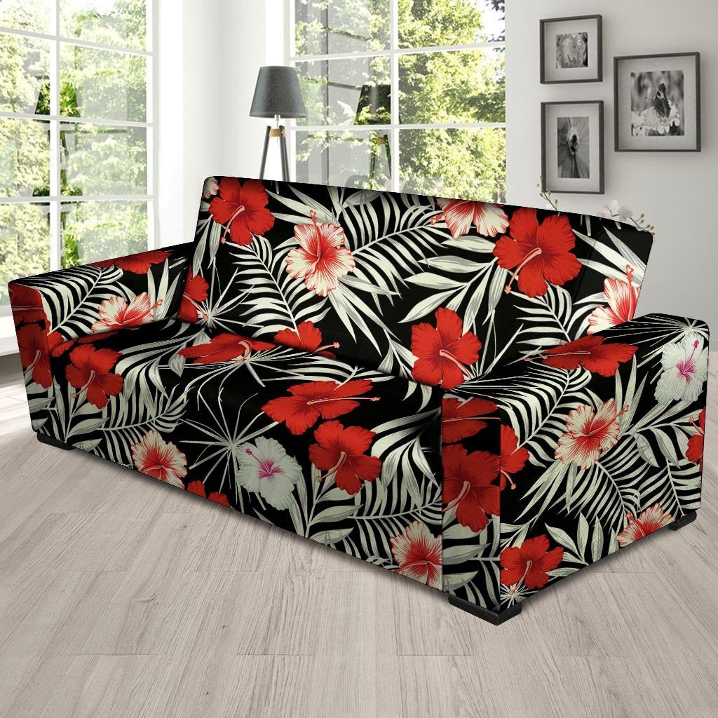 Red And White Hibiscus Flowers Hawaiian Print Sofa Cover-grizzshop