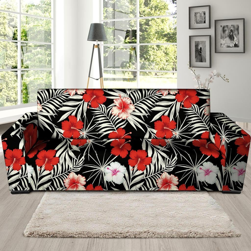 Red And White Hibiscus Flowers Hawaiian Print Sofa Cover-grizzshop