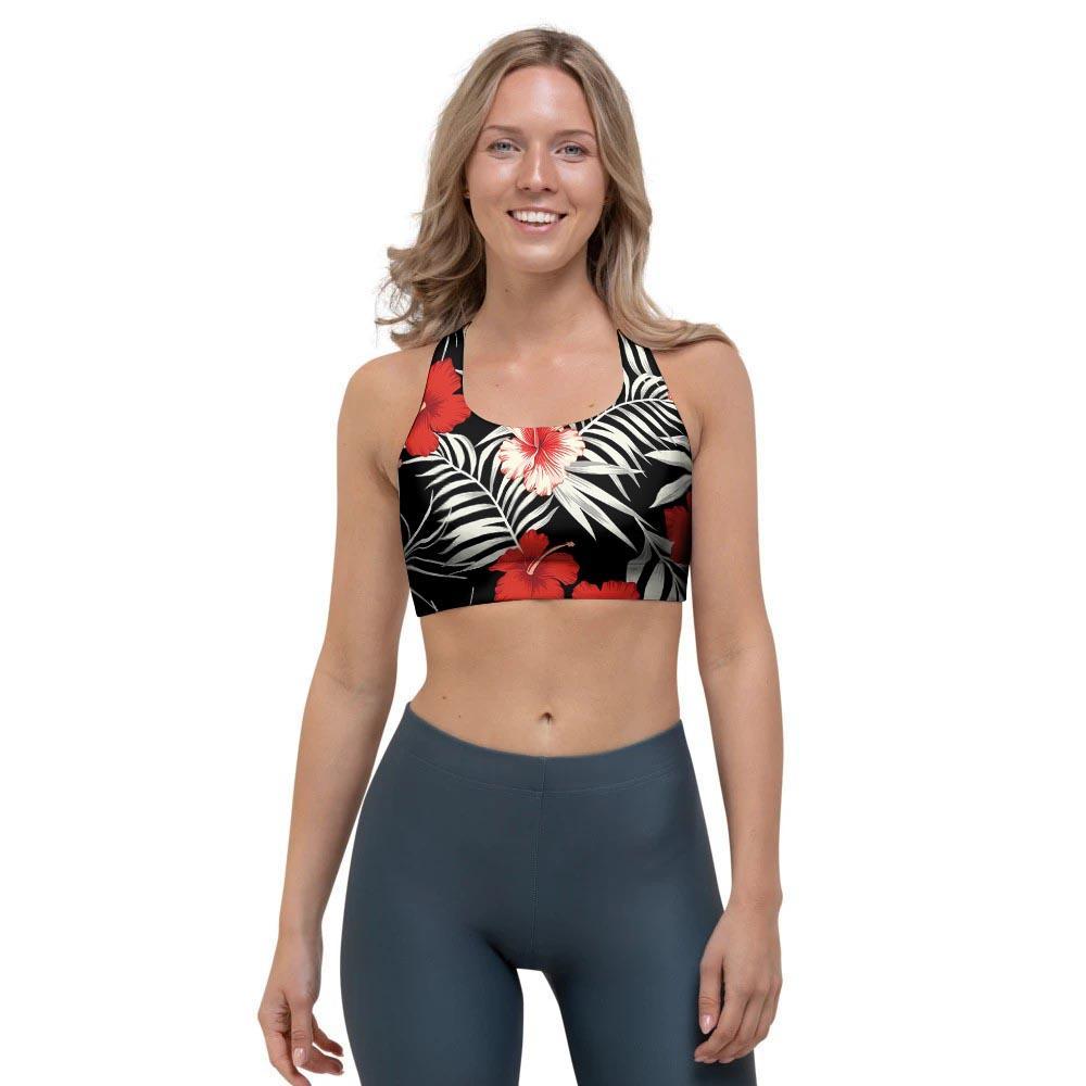 Red And White Hibiscus Flowers Hawaiian Print Sports Bra-grizzshop