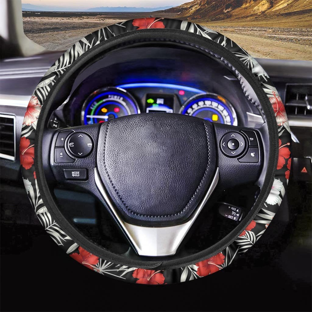 Red And White Hibiscus Flowers Hawaiian Print Steering Wheel Cover-grizzshop