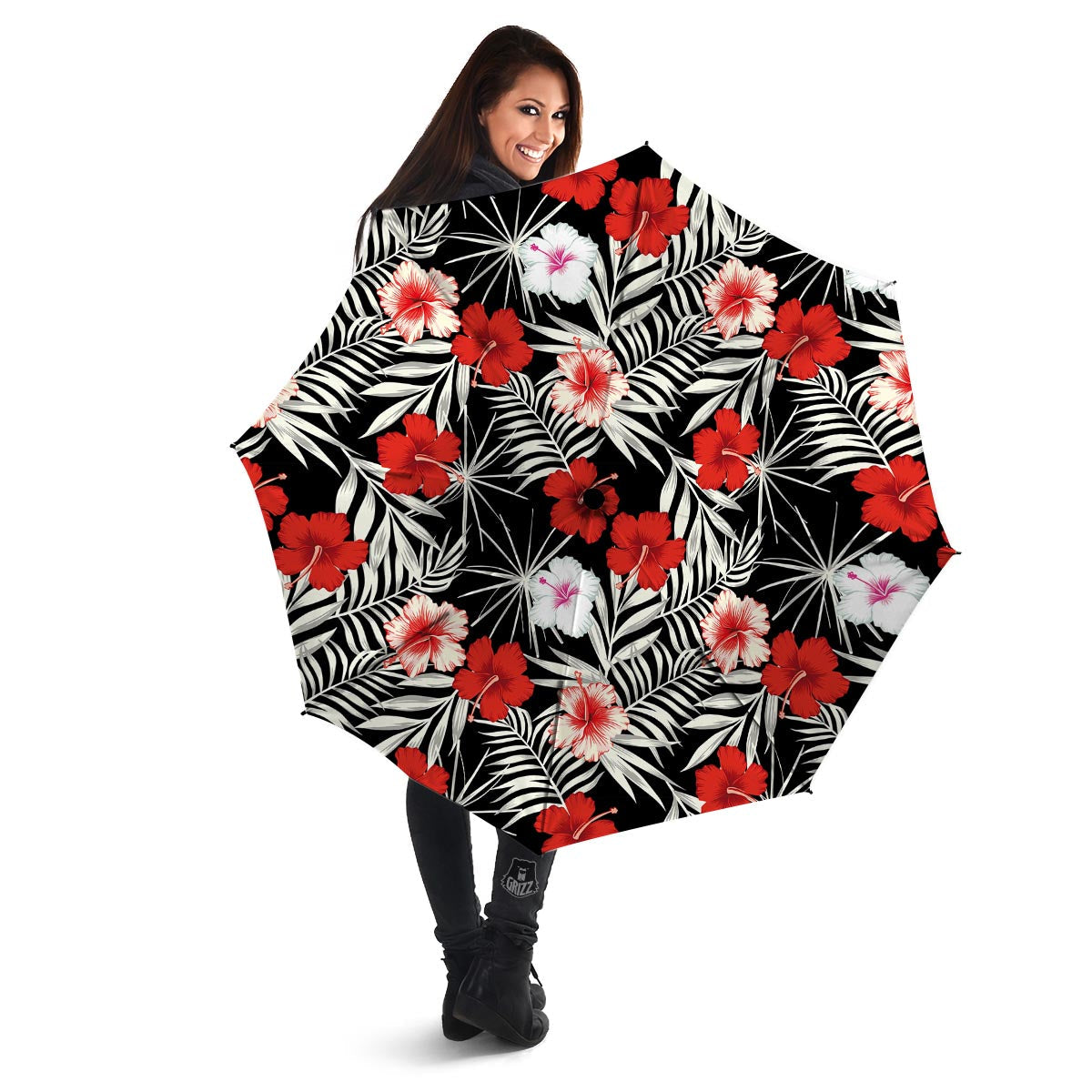 Red And White Hibiscus Flowers Hawaiian Print Umbrella-grizzshop