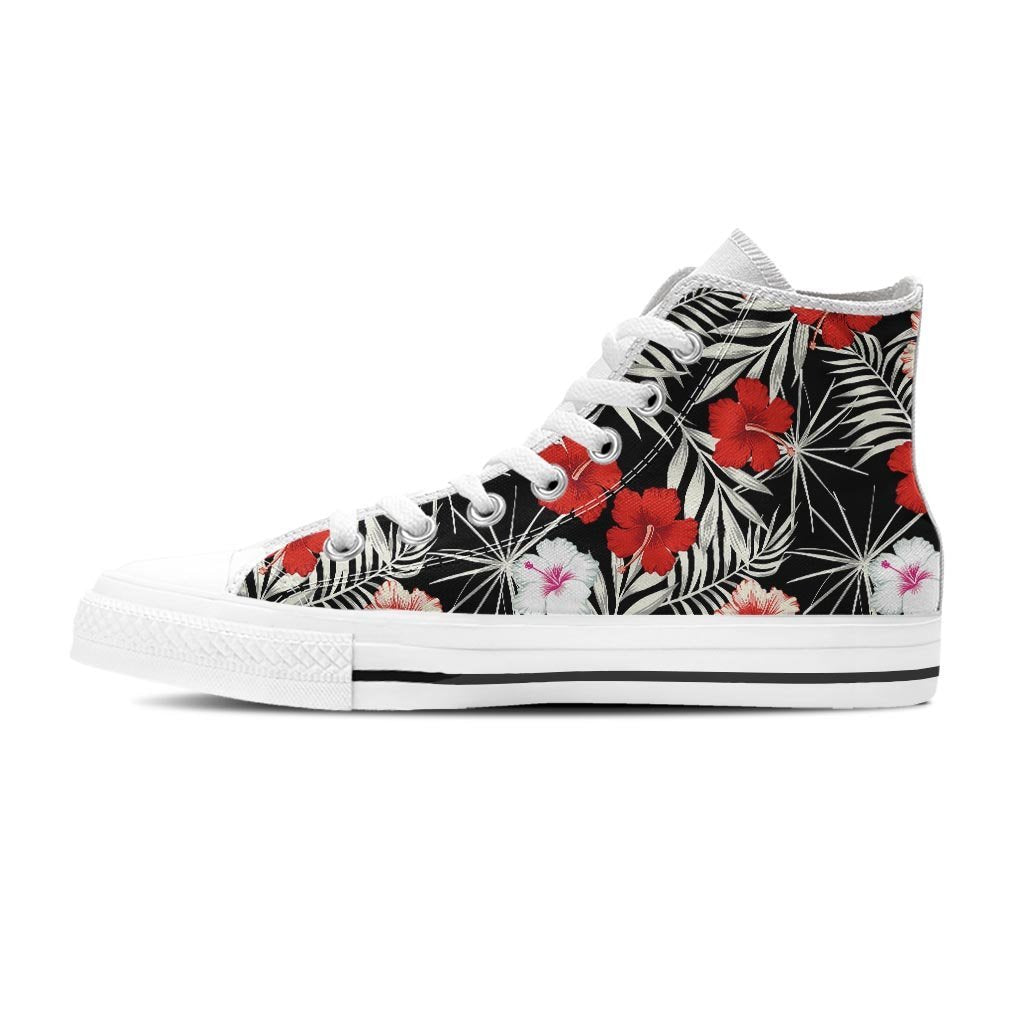 Red And White Hibiscus Flowers Hawaiian Print Women's High Top Shoes-grizzshop