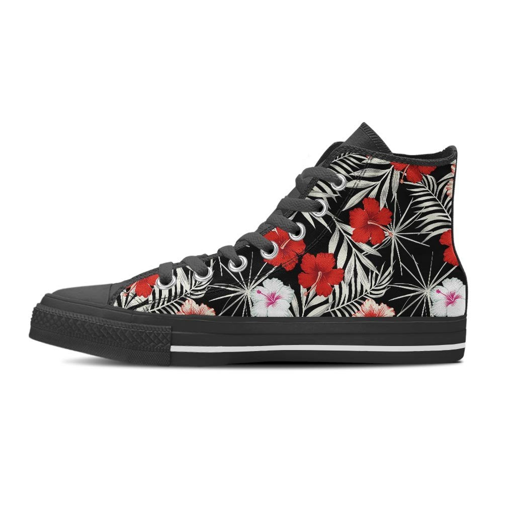 Red And White Hibiscus Flowers Hawaiian Print Women's High Top Shoes-grizzshop