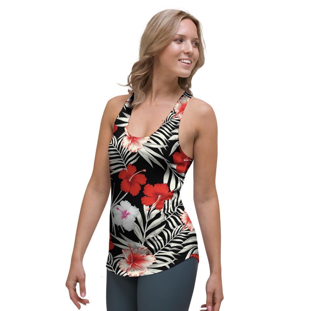 Red And White Hibiscus Flowers Hawaiian Print Women's Racerback Tank Top-grizzshop