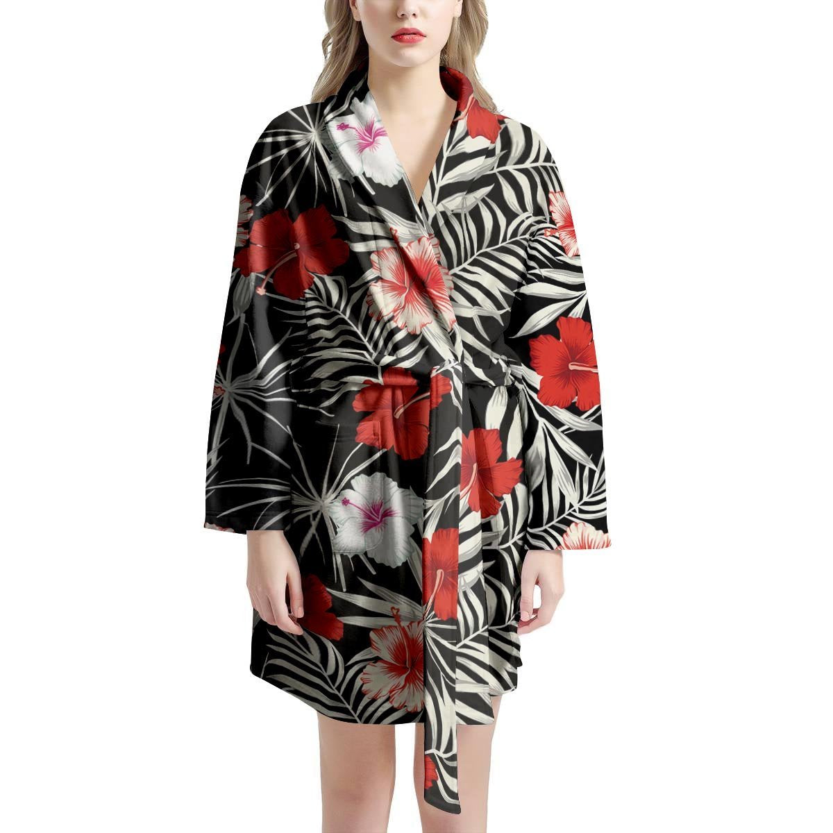 Red And White Hibiscus Flowers Hawaiian Print Women's Robe-grizzshop