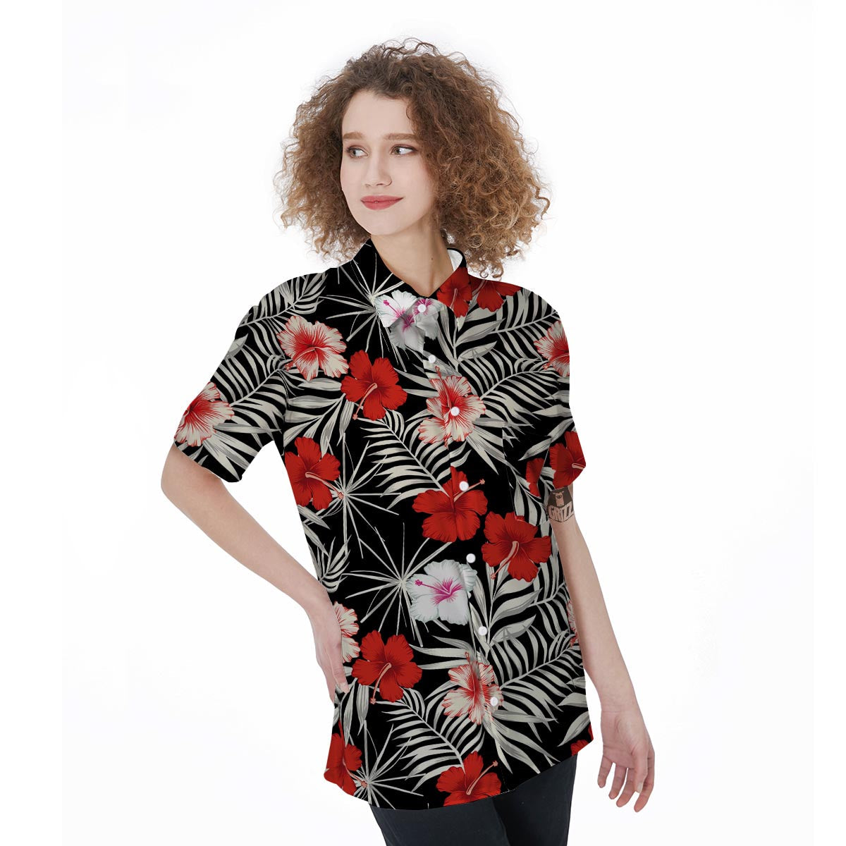 Red And White Hibiscus Flowers Hawaiian Print Women's Short Sleeve Shirts-grizzshop