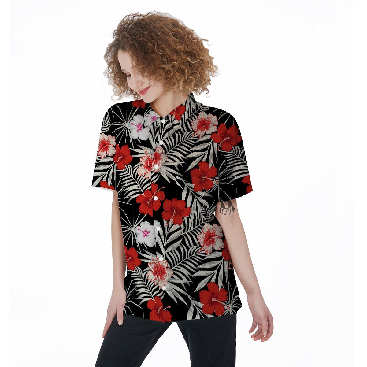Red And White Hibiscus Flowers Hawaiian Print Women's Short Sleeve Shirts-grizzshop
