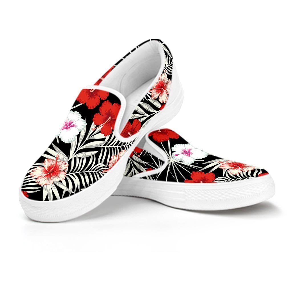 Red And White Hibiscus Flowers Hawaiian Print Women's Slip On Sneakers-grizzshop