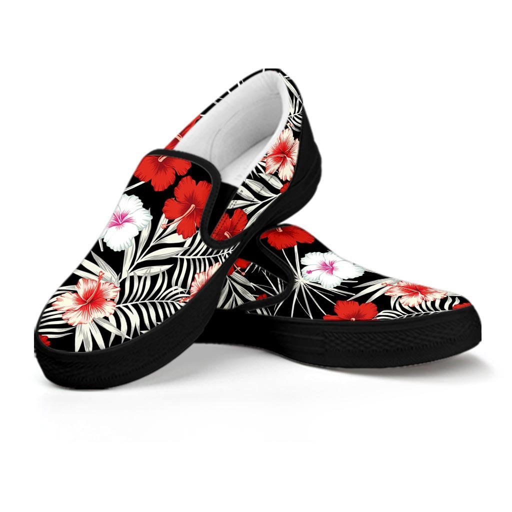 Red And White Hibiscus Flowers Hawaiian Print Women's Slip On Sneakers-grizzshop