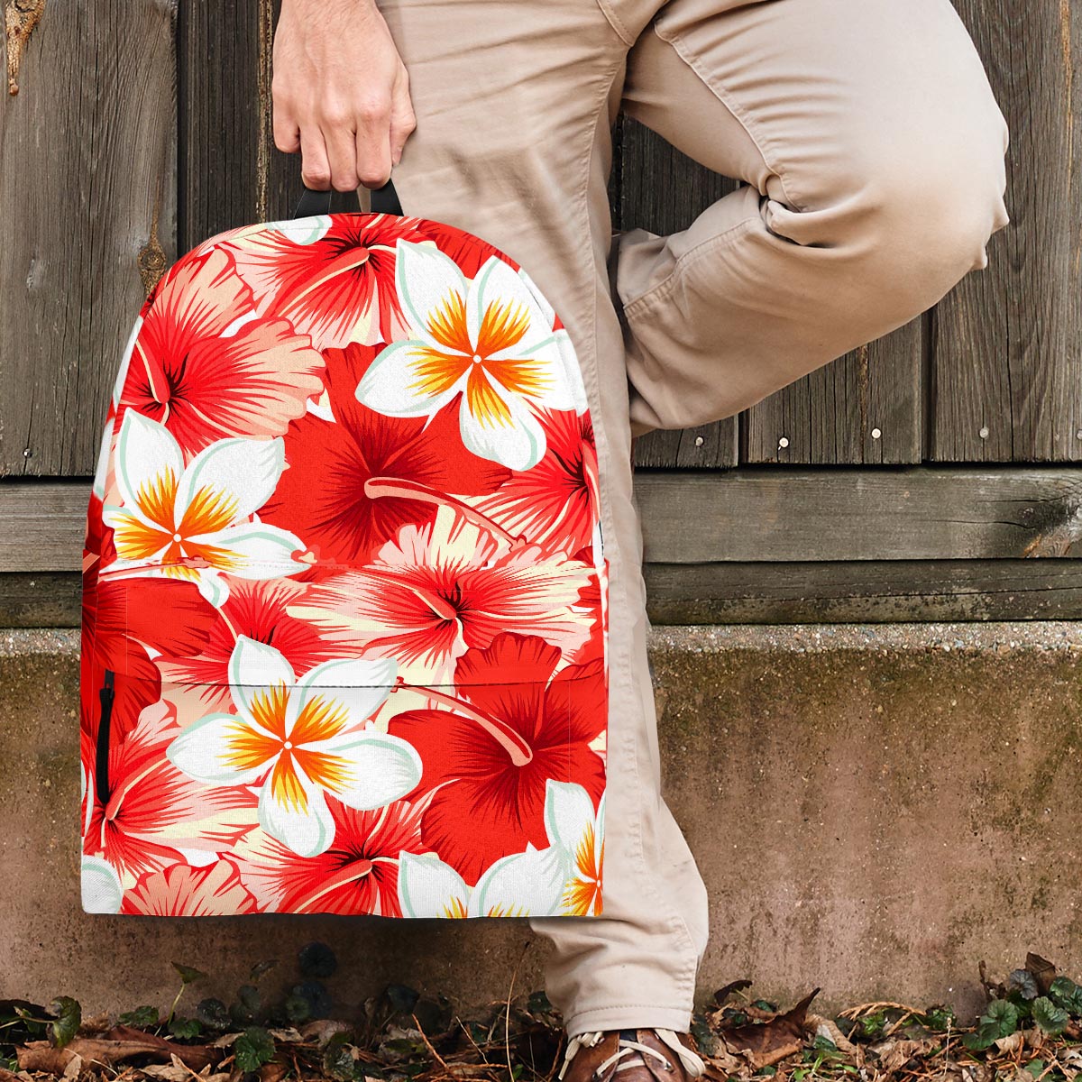 Red And White Hibiscus Hawaiian Print Backpack-grizzshop