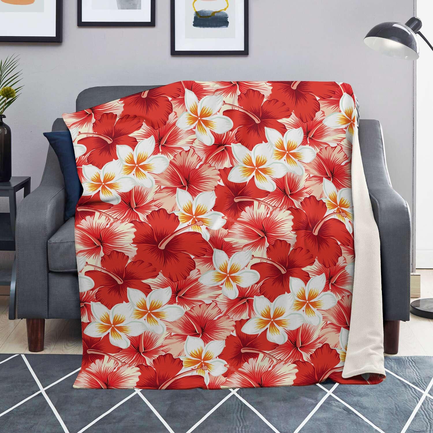 Red And White Hibiscus Hawaiian Print Blanket-grizzshop