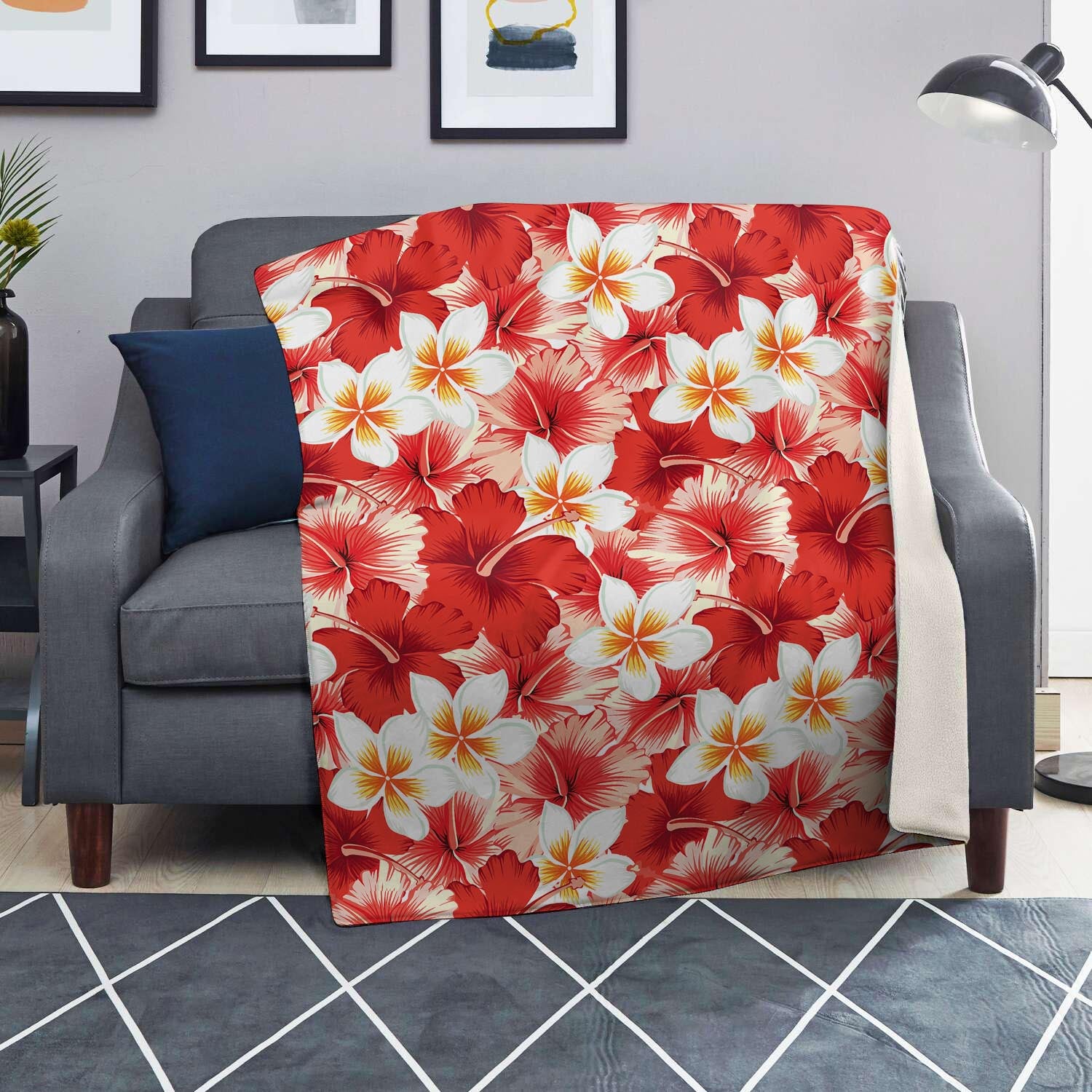 Red And White Hibiscus Hawaiian Print Blanket-grizzshop