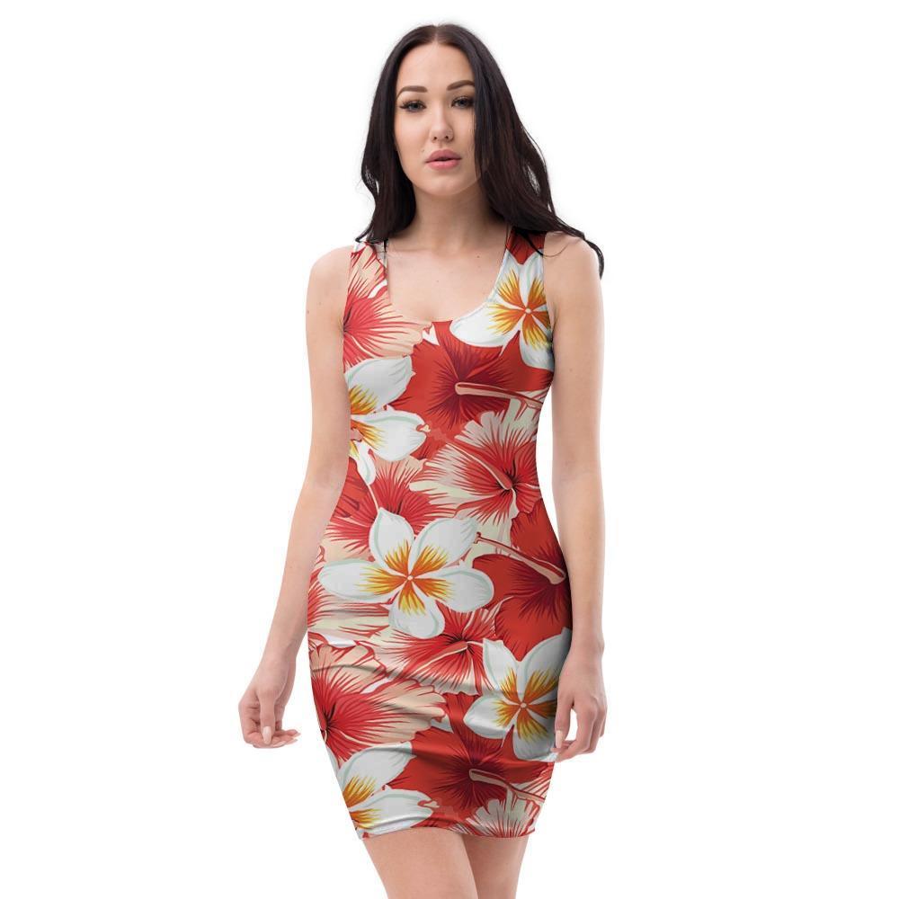 Red And White Hibiscus Hawaiian Print Bodycon Dress-grizzshop