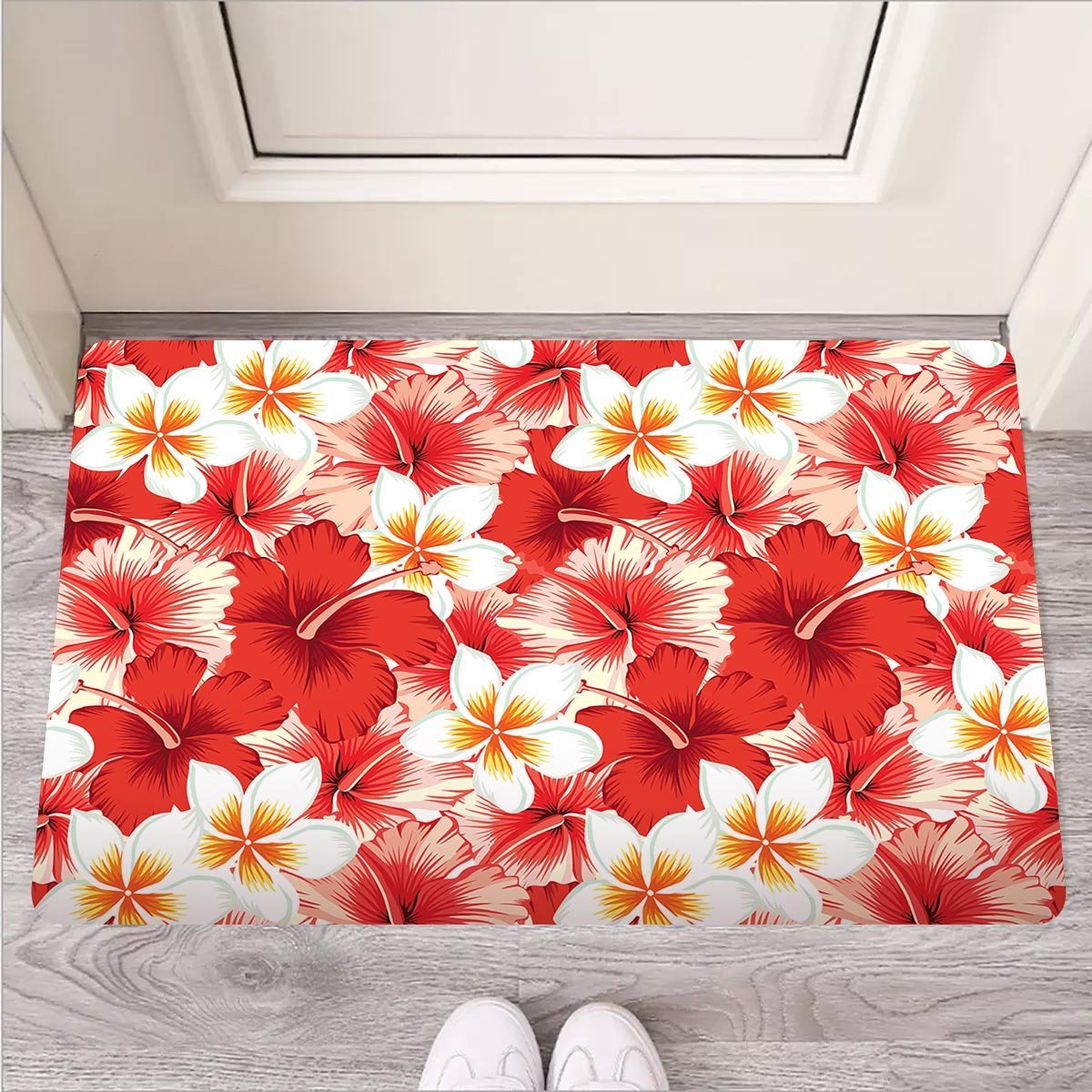 Red And White Hibiscus Hawaiian Print Door Mat-grizzshop