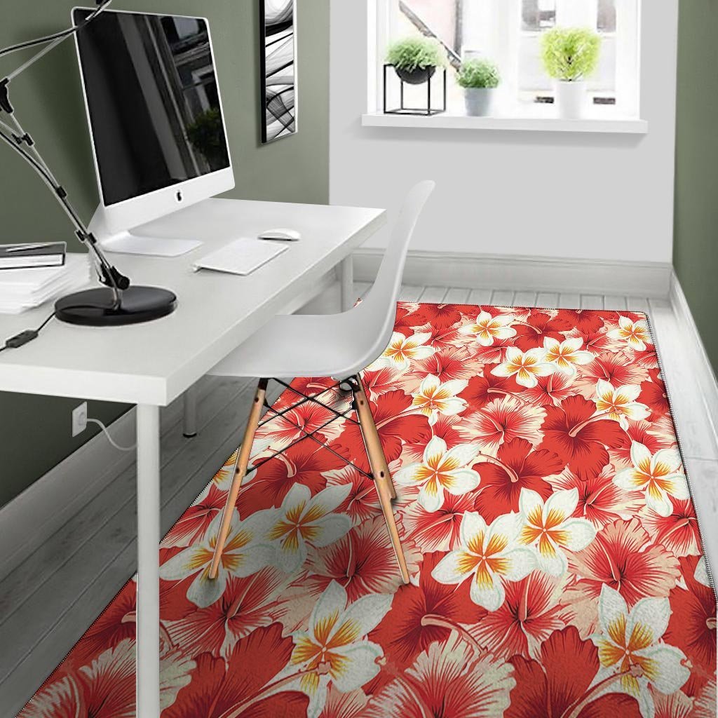 Red And White Hibiscus Hawaiian Print Floor Mat-grizzshop