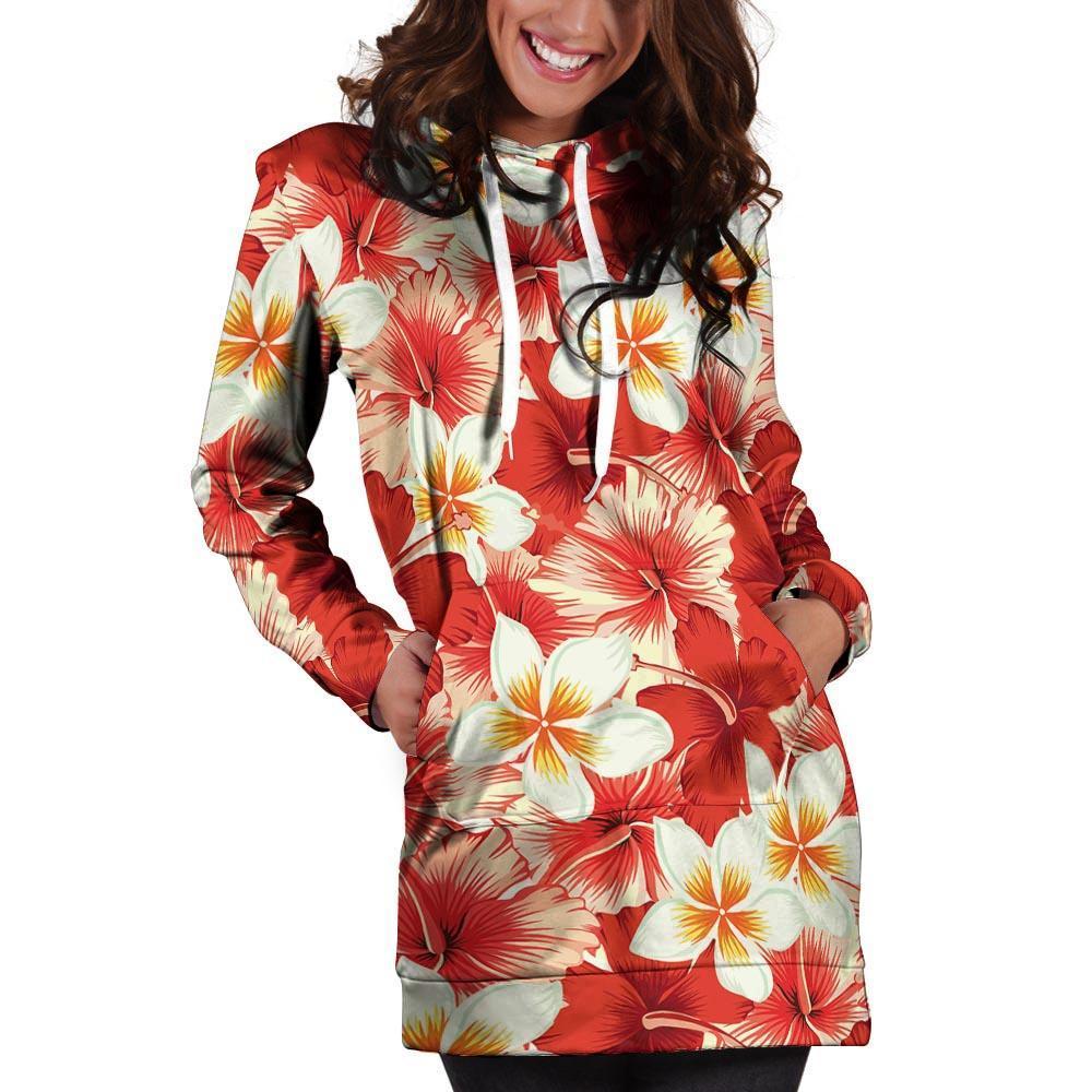 Red And White Hibiscus Hawaiian Print Hoodie Dress-grizzshop