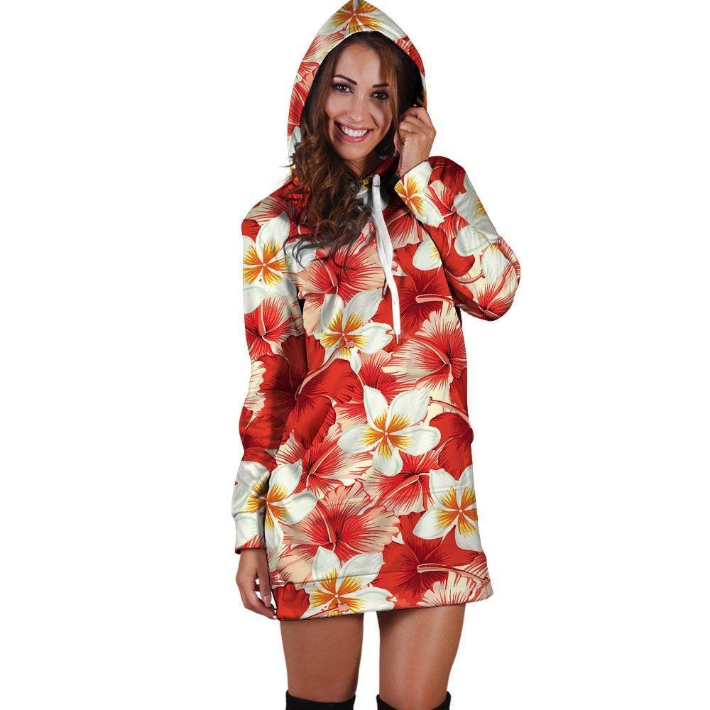 Red And White Hibiscus Hawaiian Print Hoodie Dress-grizzshop