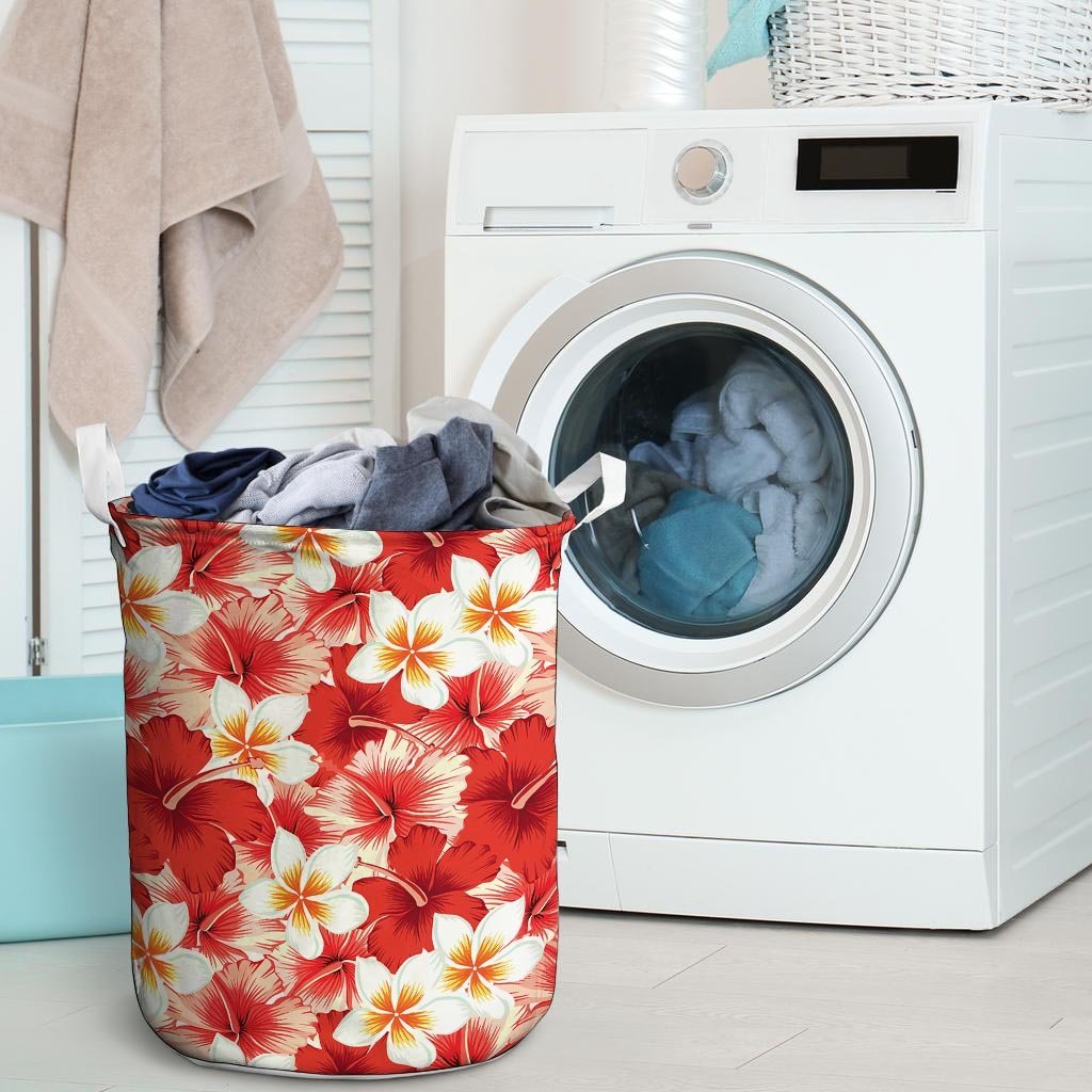 Red And White Hibiscus Hawaiian Print Laundry Basket-grizzshop