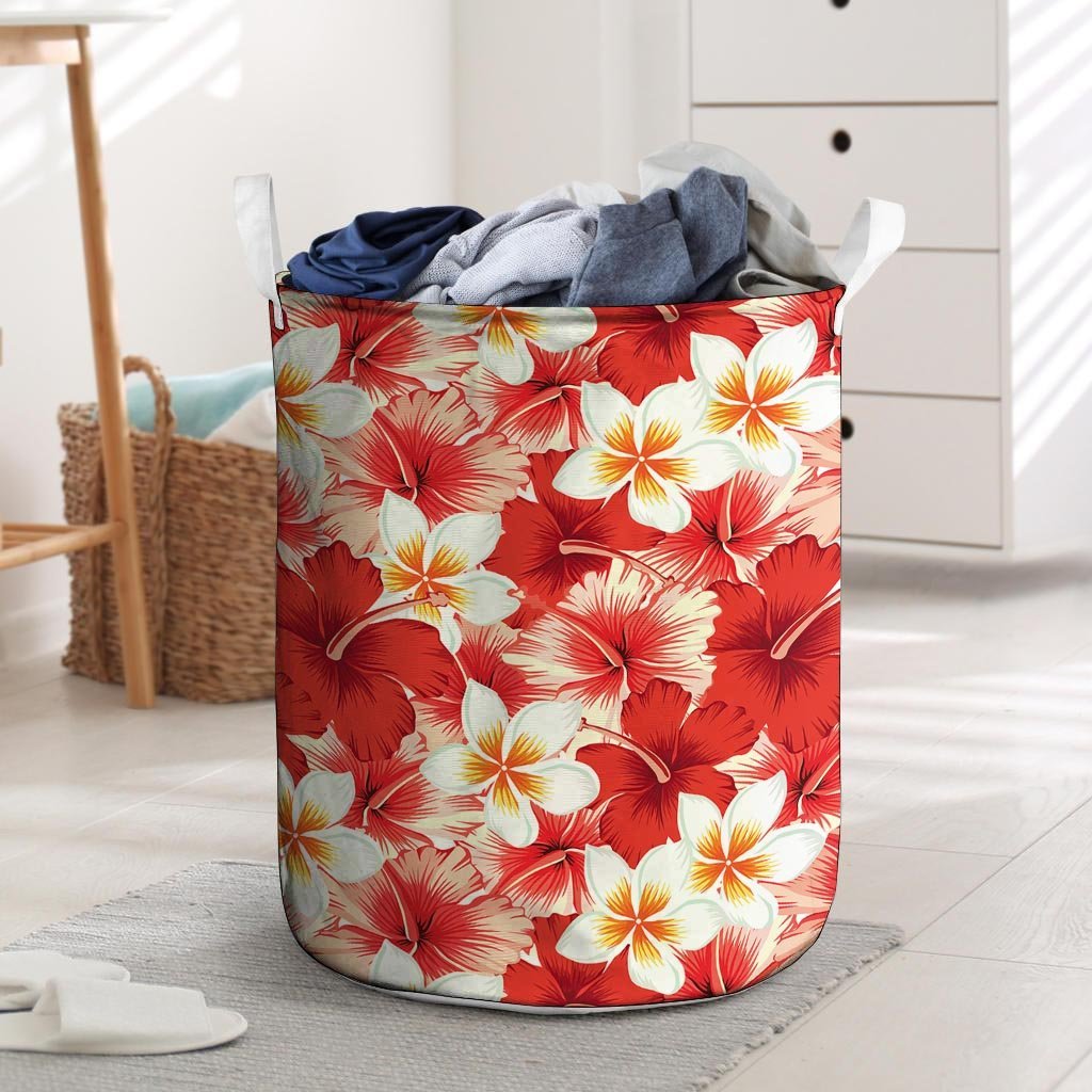 Red And White Hibiscus Hawaiian Print Laundry Basket-grizzshop