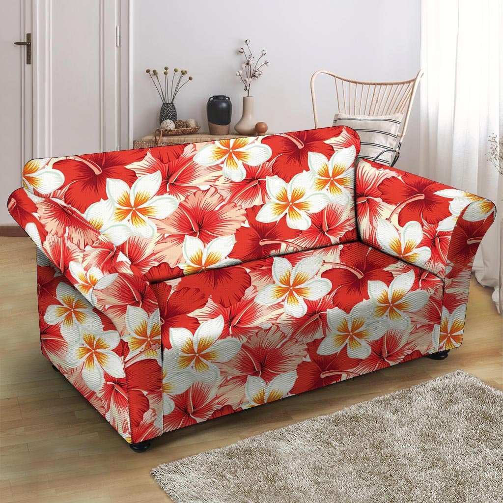 Red And White Hibiscus Hawaiian Print Loveseat Cover-grizzshop