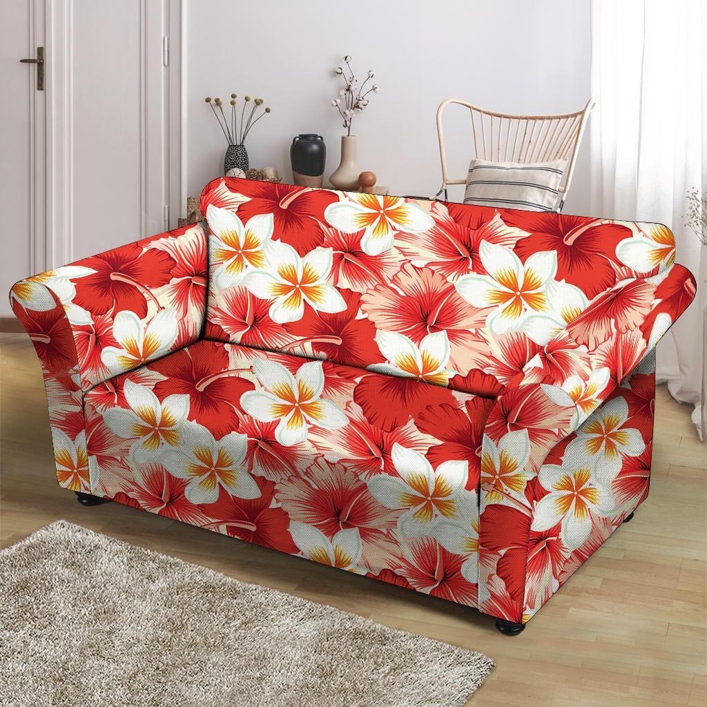 Red And White Hibiscus Hawaiian Print Loveseat Cover-grizzshop