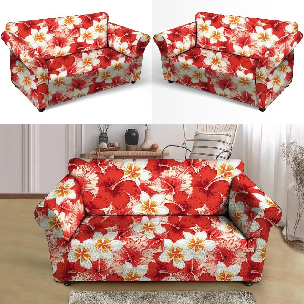 Red And White Hibiscus Hawaiian Print Loveseat Cover-grizzshop