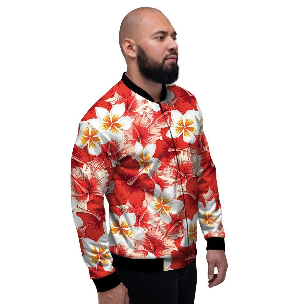 Red And White Hibiscus Hawaiian Print Men's Bomber Jacket-grizzshop