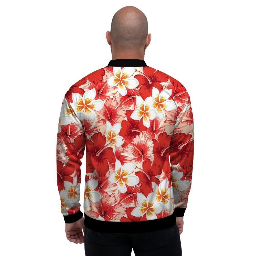 Red And White Hibiscus Hawaiian Print Men's Bomber Jacket-grizzshop