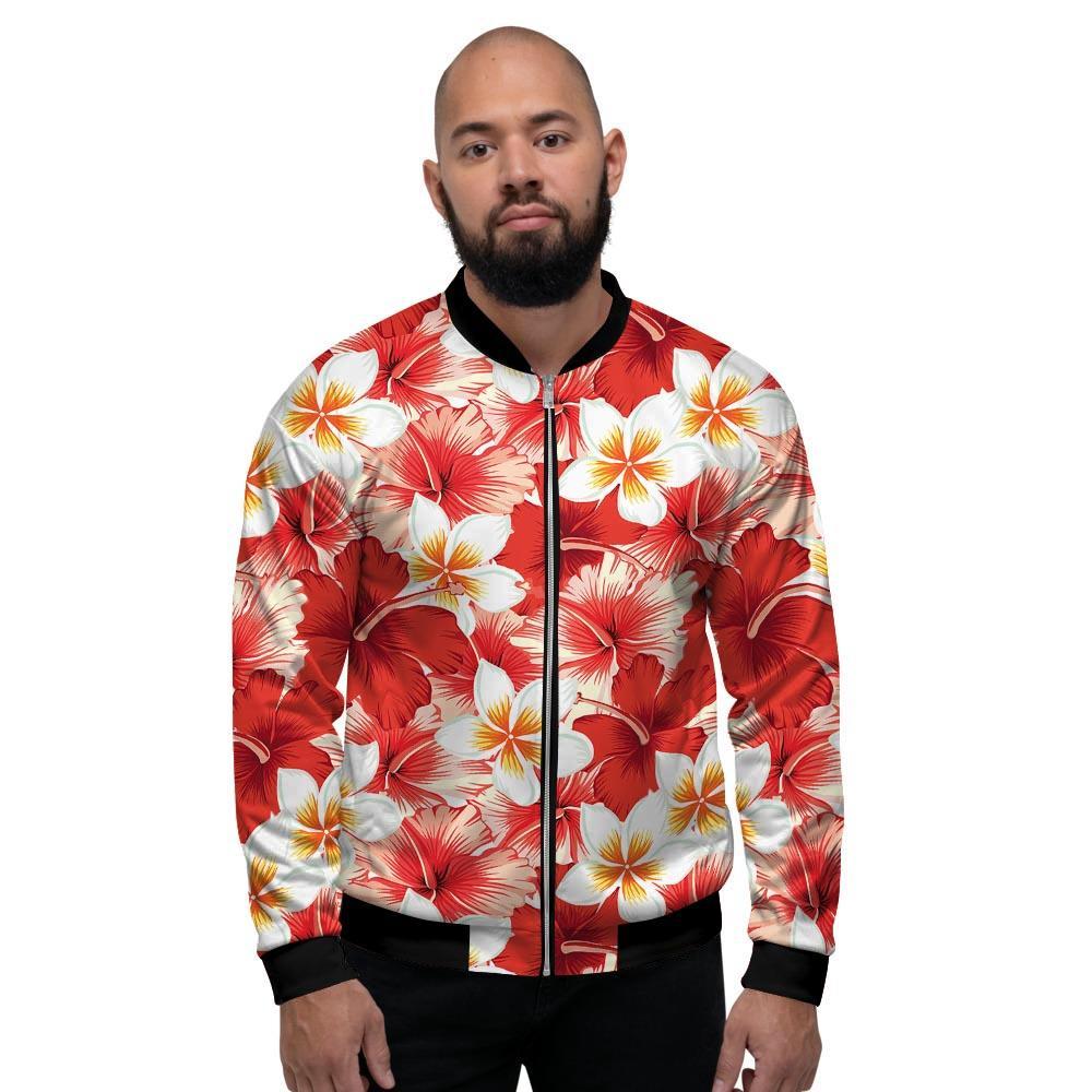 Red And White Hibiscus Hawaiian Print Men's Bomber Jacket-grizzshop