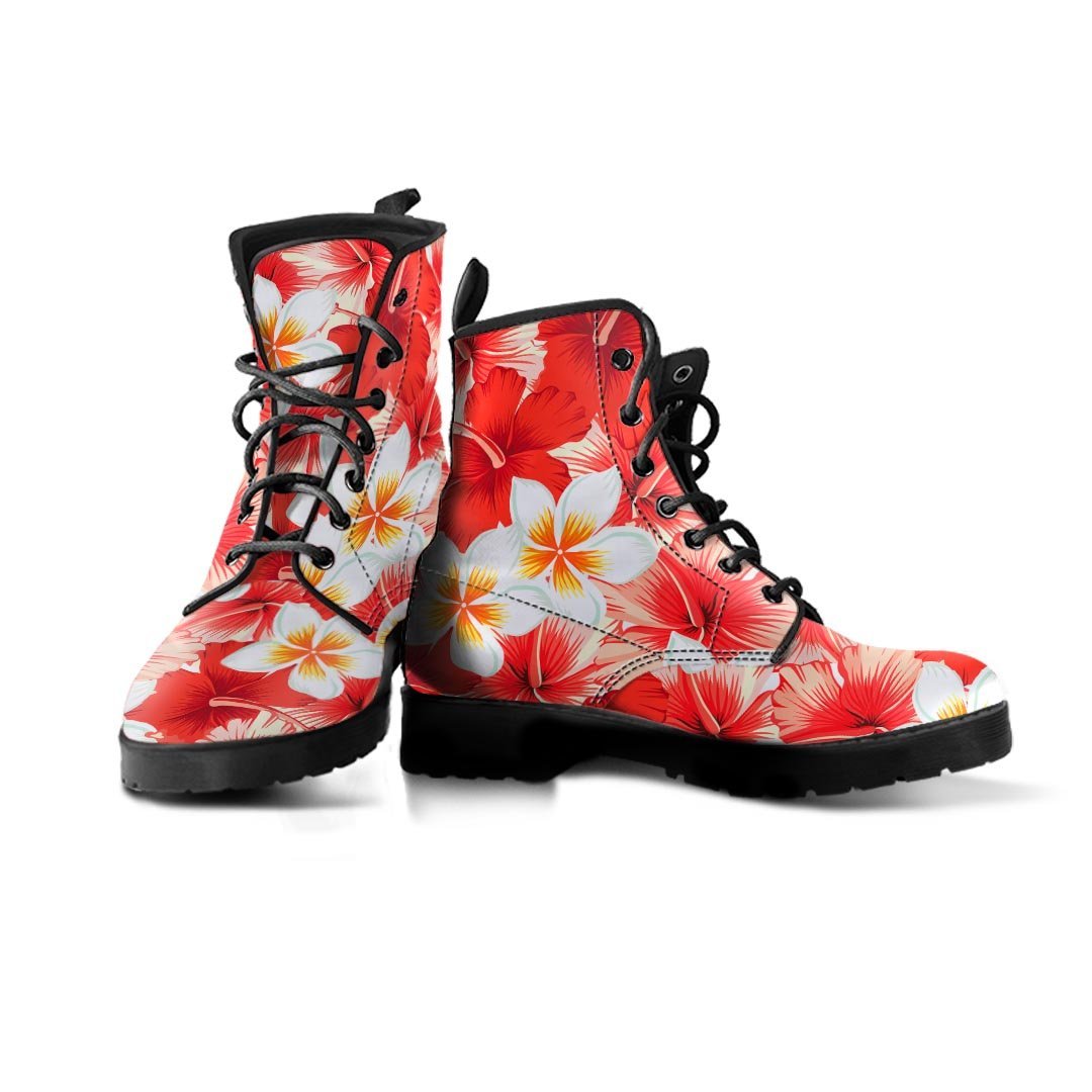 Red And White Hibiscus Hawaiian Print Men's Boots-grizzshop